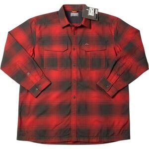 Simms Coldweather LS Shirt Auburn Red Buffalo Blur Plaid Waffle Fleece Lined XL